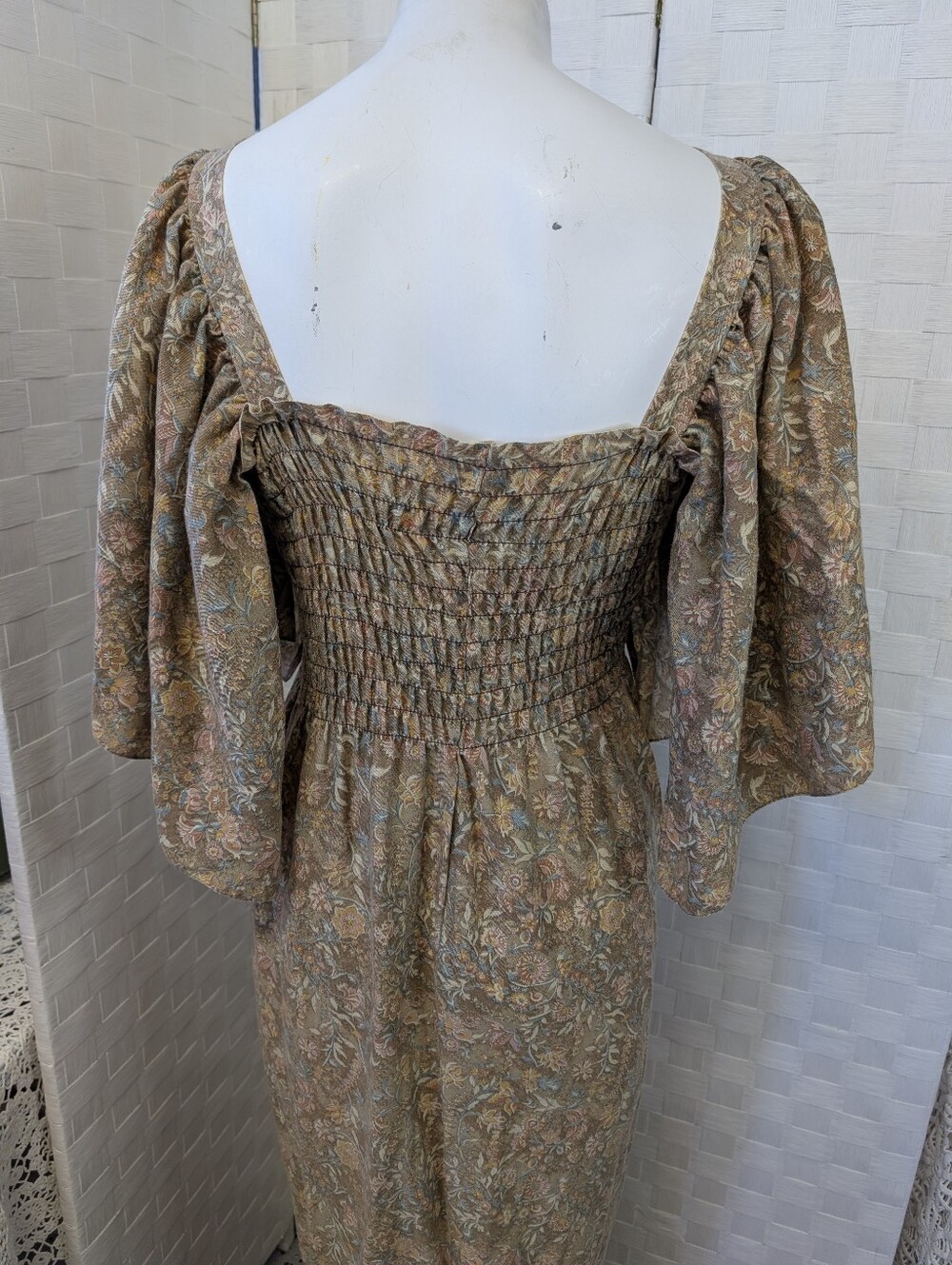 Vintage Dress Handmade Bohemian Smocked Floral Square Neck Brown Paisley XL - Picture 4 of 7